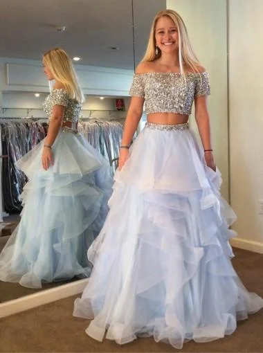 Two Pieces Off Shoulder Beaded Tulle Ruffle A-line Long Evening Prom Dresses, 17600 Tulle Dress Trend