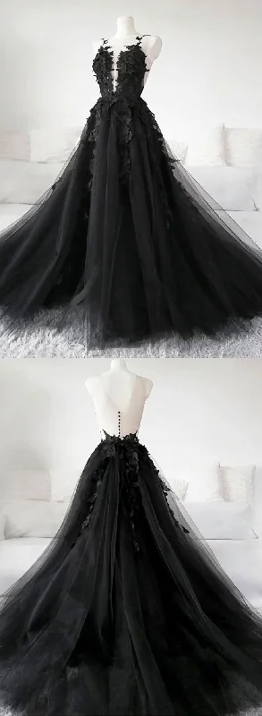 Unique Black Tulle V Neck Sheer Back Lace Applique Evening Dress, Formal Dress, Long Prom Dress Tulle Bodycon Dress