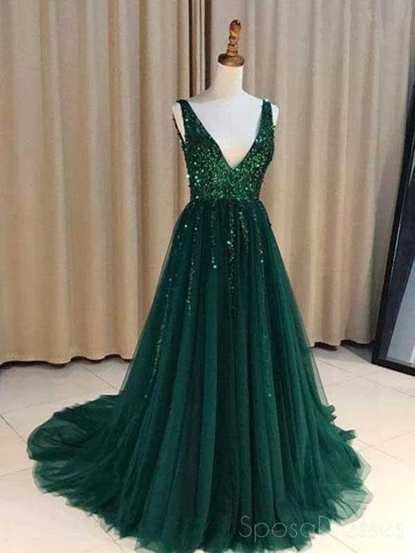 V Neck Emerald Green Tulle  A line Long Custom Evening Prom Dresses, 17452 Tulle Dress Fashion