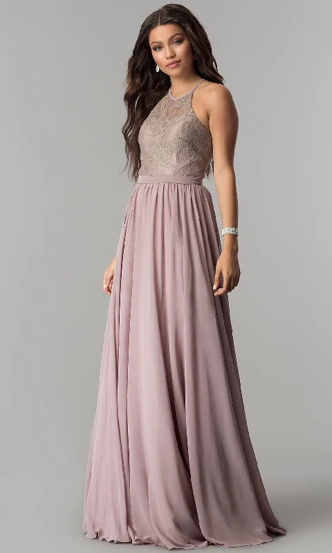 High-Neck Lace-Bodice Long Chiffon Prom Dress