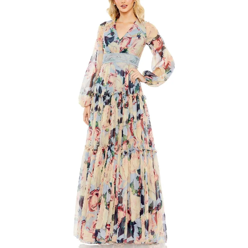 Mac Duggal Womens Chiffon Lace Trim Evening Dress Boho Lace Dress