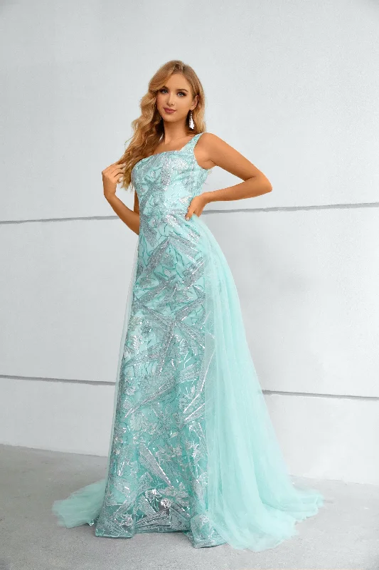 Mermaid Square Lace Applique Floor-length Sleeveless Backless Prom Dress with Side Train