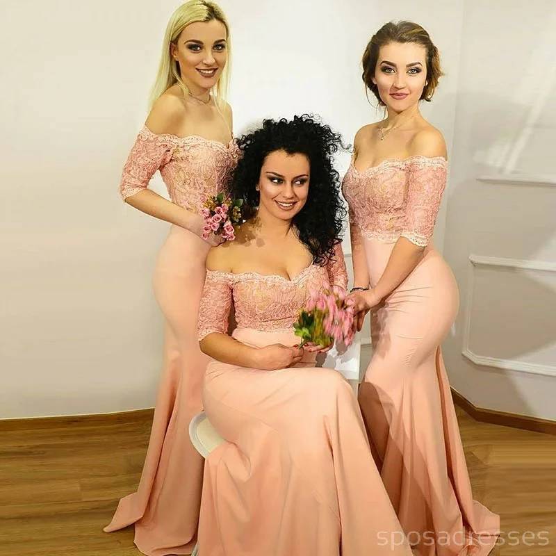 Off Shoulder Long Sleeve Lace Mermaid Long Bridesmaid Dresses, WG228