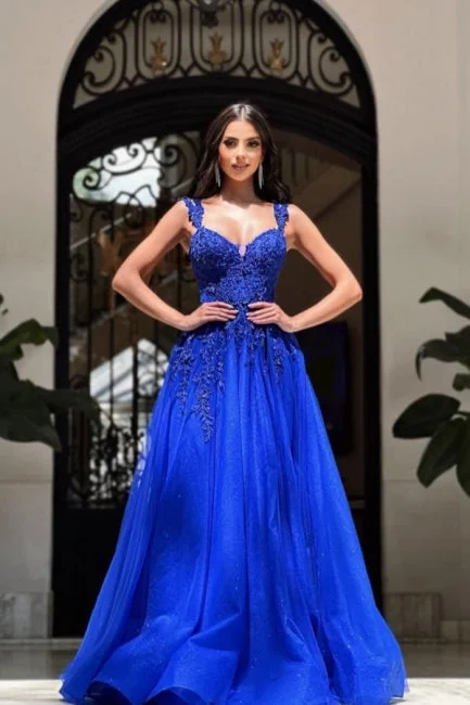 Royal Long Blue Sleeveless Prom Dresses A-line Lace Graduation Dresses