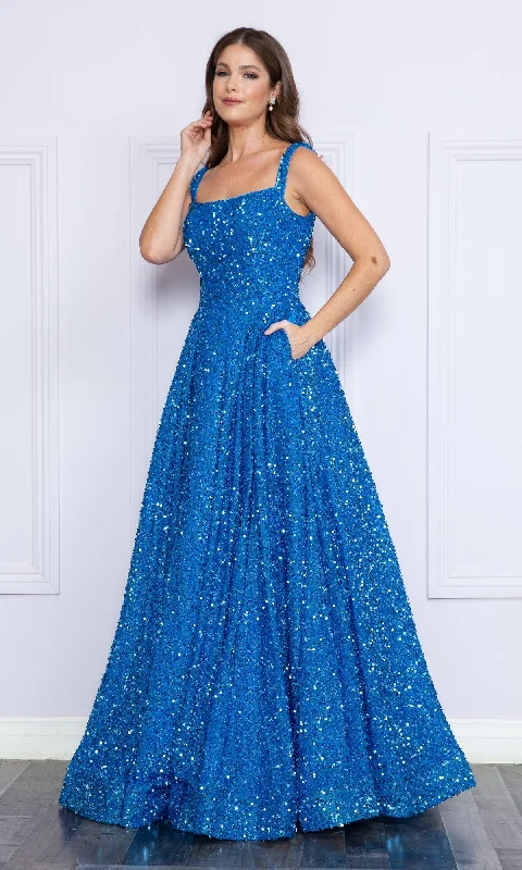 Velvet-Sequin Long A-Line Prom Gown: Poly USA 9106