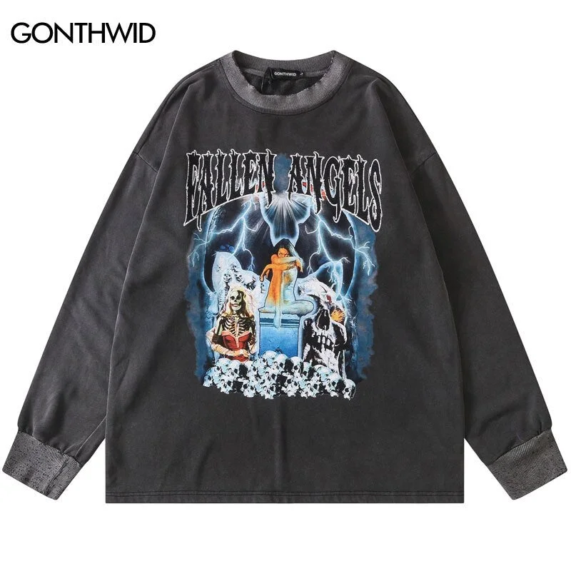 2023 Hip Hop Sweatshirt Streetwear Vintage Skull Skeleton Print Crewneck Casual Loose Cotton Pullover Hoodie Harajuku Punk Goth