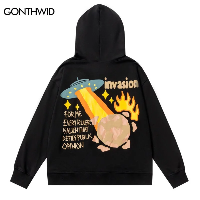 2023 Hooded Sweatshirt Streetwear Hip Hop Funny UFO Planet Letter Print Punk Gothic Hoodie Harajuku Casual Pullover Sweatshirt