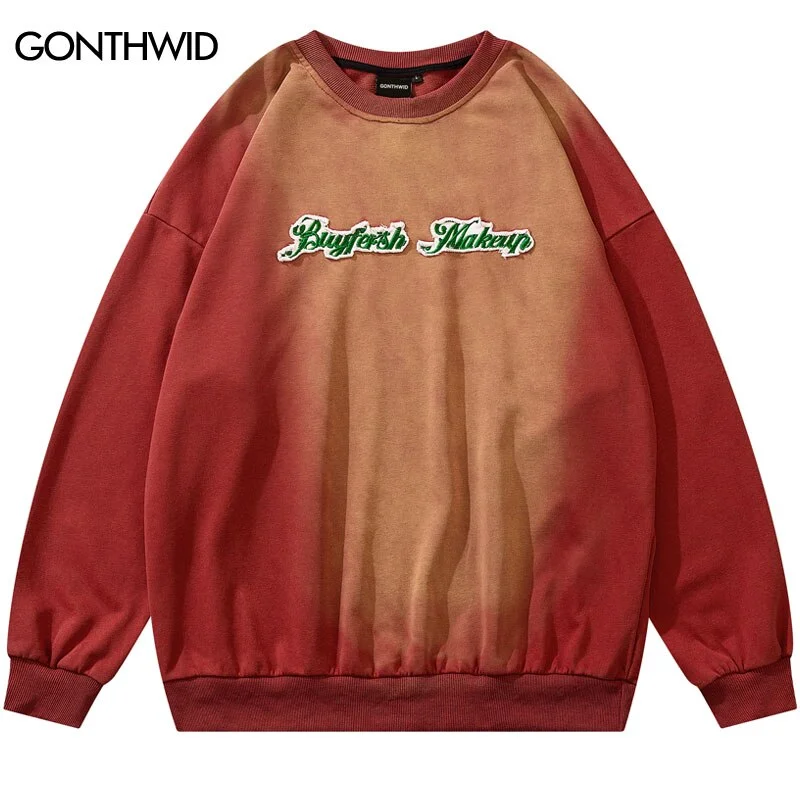 2023 Sweatshirt Streetwear Hip Hop Vintage Embroidery Tie Dye Gradient Hoodies Men Harajuku Casual Cotton Retro Sweatshirt Green