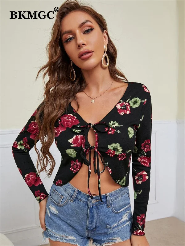 BKMGC Sexy Shirts For Women Summer Printed Chest Collar Strap Casual Loose Female Top Clubwear Women Tops 2023 Blouses 6796