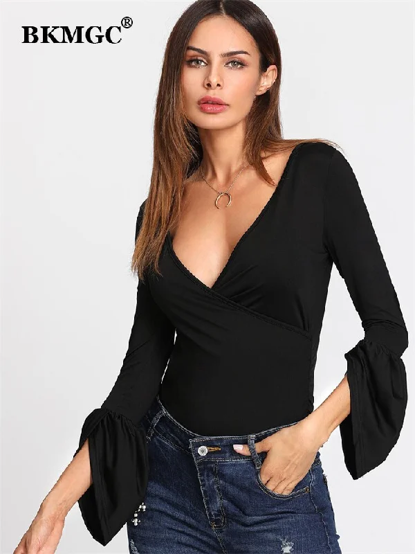 BKMGC Solid Black V Neck Petal Sleeves Sim Fit T Shirt For Women Autumn Wrap Over Design Top Office Lady Casual Sexy Clothing