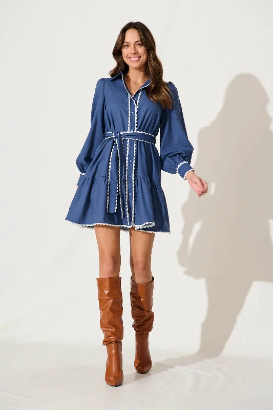 Cali Shirt Dress In Dark Blue Cotton Linen