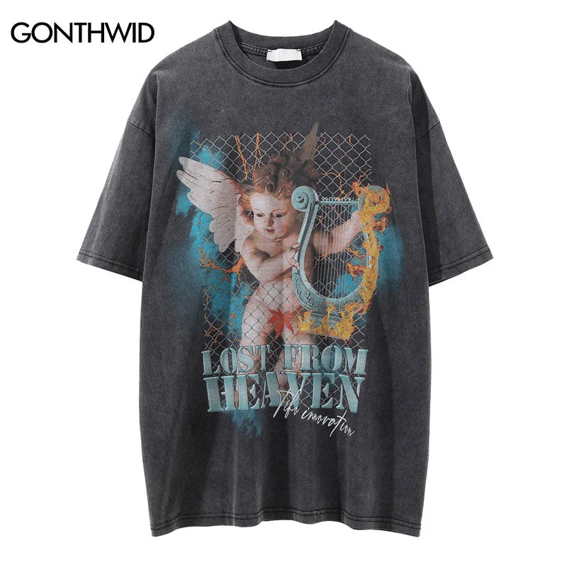 Distressed Punk Tshirt Streetwear Hip Hop Angel Print Vintage Gothic Rock Cotton T-Shirt 2023 Summer Casual T Shirt Top