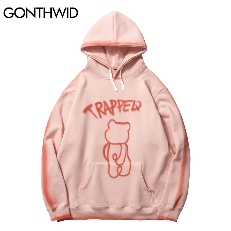 GONTHWID Graffiti Trapped Bear Tie Dye Hoodies Streetwear Hip Hop Harajuku Casual Pullover Hooded Sweatshirts Men Women Tops