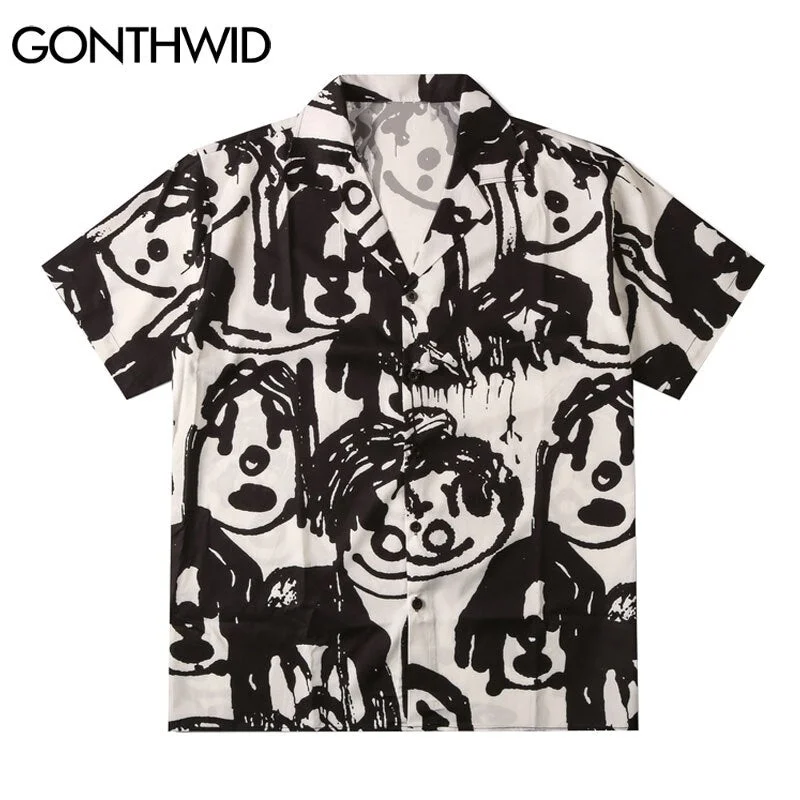 GONTHWID Hawaiian Beach Shirts Harajuku Graffiti Cartoon Print Shirt Streetwear Hip Hop Summer Casual Aloha Button Tops