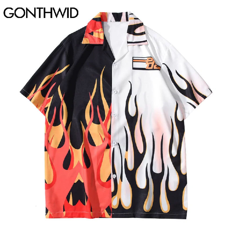 GONTHWID Hawaiian Shirts Streetwear Fire Flame Color Block Patchwork Shirt Men Harajuku Casual Hip Hop Beach Button Tops