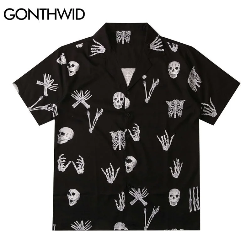 GONTHWID Hawaiian Shirts Streetwear Skull Skeleton Print Beach Shirt Streetwear Hip Hop Casual Tropical Harajuku Button Tops