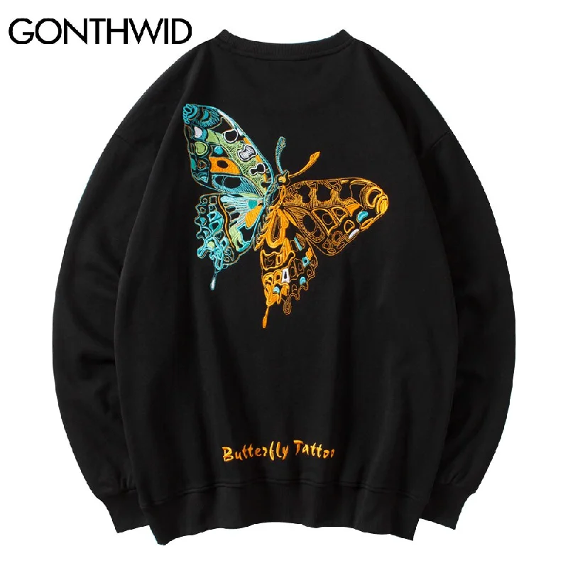 GONTHWID Hip Hop Embroidery Butterfly Sweatshirts Streetwear Mens Harajuku Casual Pullover Hoodies Hipster Tops Coats