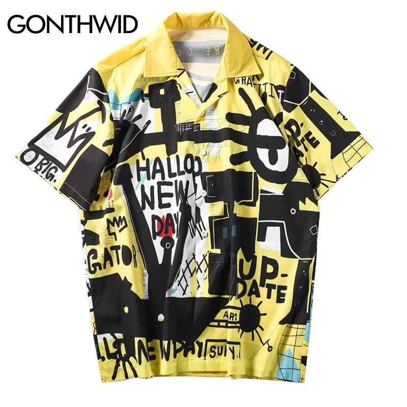 GONTHWID Hip Hop Graffiti Hawaiian Aloha Fancy  Beach Shirts Streetwear 2023 Summer Mens Casual Camp Holiday Dress Shirts Male