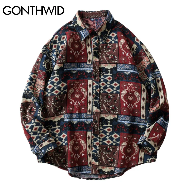 GONTHWID Nation Style Knitted Shirts Casual Geometry Pattern Button Shirts Streetwear Harajuku Hip Hop Casual Tops Coats