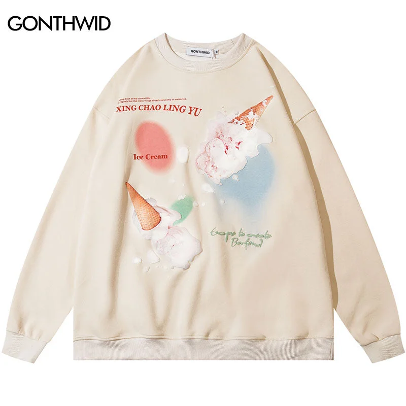 Harajuku Thin Hoodie Sweatshirt Men Hip Hop Ice Cream Print Crewneck Sweatshirt 2023 Autumn Unisex Hip Hop Casual Loose Pullover