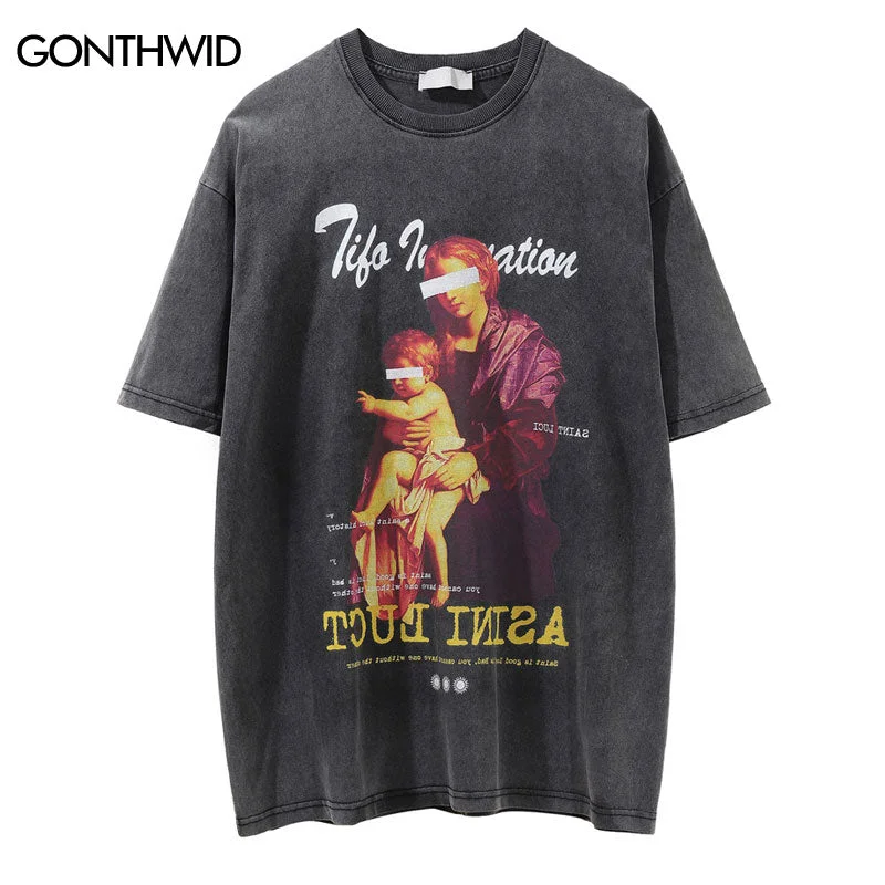 Hip Hop Distressed Streetwear T-Shirt Hip Hop Vintage Painting Print Gothic Rock Cotton Tshirt 2023 Men Casual Loose T Shirt Top