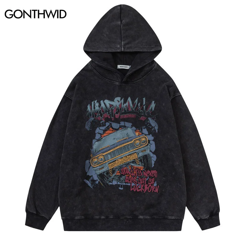 Hip Hop Hoodie Streetwear Y2K Vintage Retro Car Graphic Print Washed Hooded Sweatshirt Harajuku Casual Loose Pullover