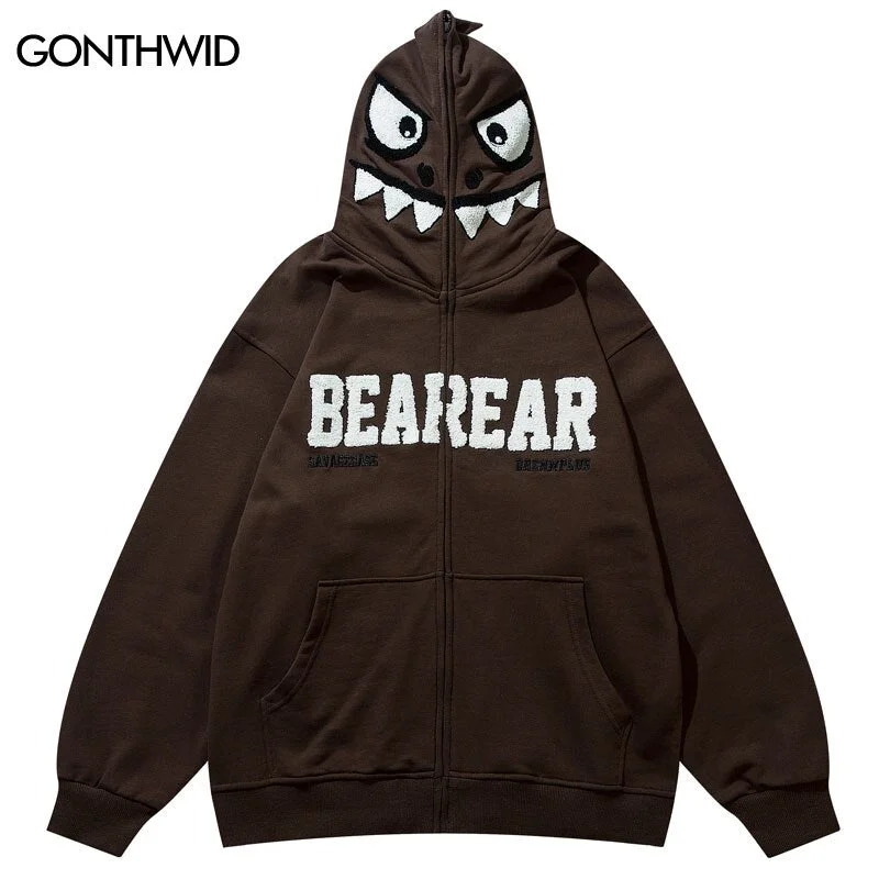 Hip Hop Hoodie Sweatshirt Streetwear 2023 Harajuku Funny Embroidery Dinosaur Letter Zip Up Hooded Autumn Casual Sweatshirt Coat