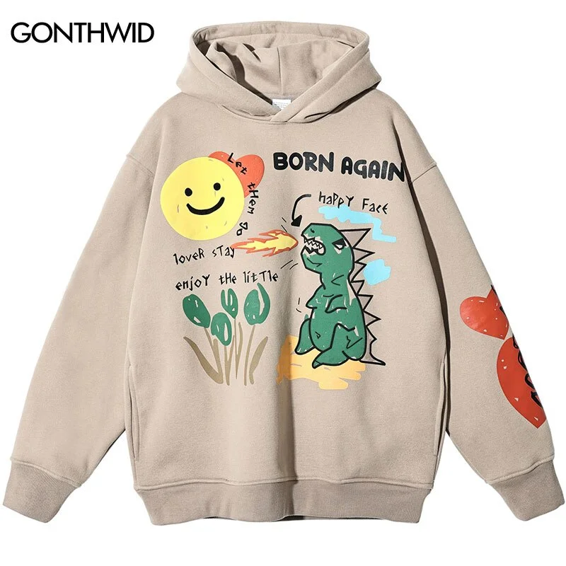 Hip Hop Hoodie Sweatshirt Streetwear Funny Dinosaur Print Fleece Hooded Pullover 2023 Harajuku Casual Cotton Loose Tops