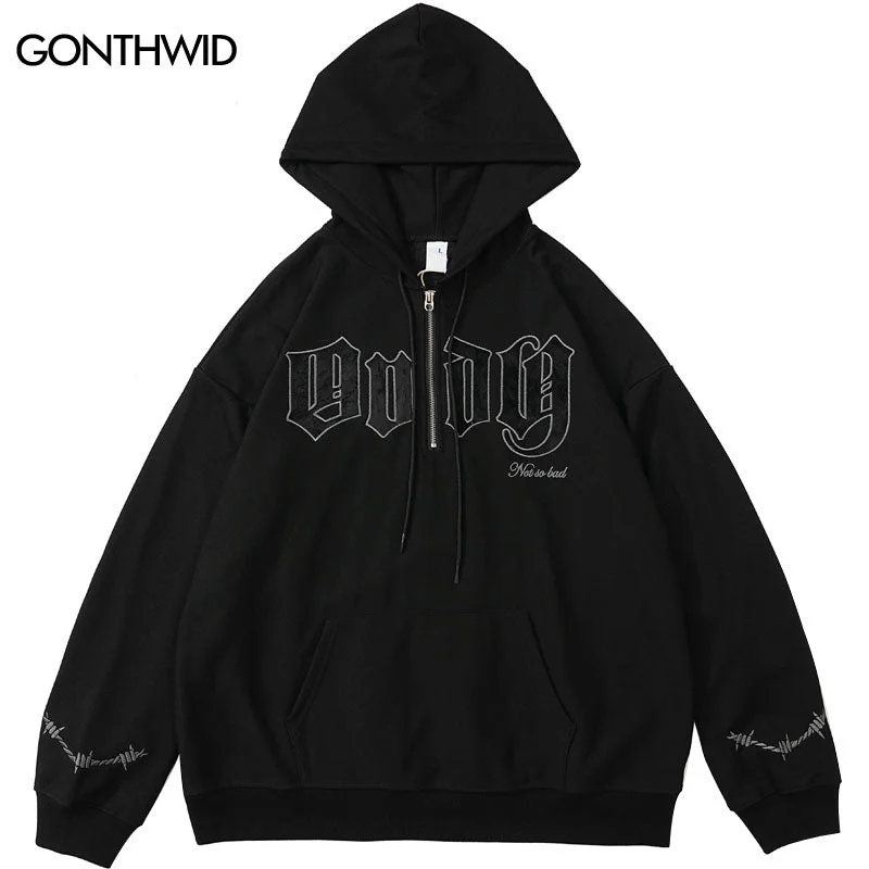 Hip Hop Hoodie Sweatshirt Streetwear Mens Embroidery Letter Half Zip Hooded Harajuku Casual Pullover Hoodies High Street