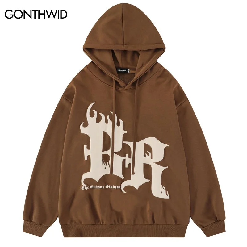 Hip Hop Hoodie Sweatshirt Streetwear Mens Flame Letter Print Pullover Hooded 2023 Harajuku Casual Cotton Loose Hoodies