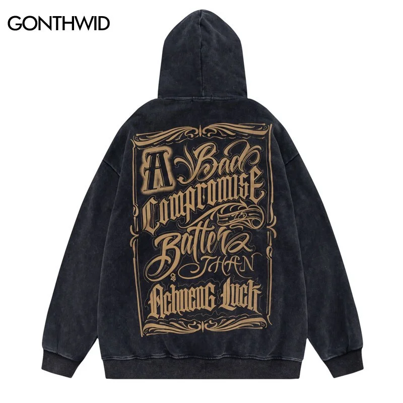 Hip Hop Hoodie Y2K Streetwear Vintage Letter Print Punk Gothic Hooded Sweatshirt Men Harajuku Casual Loose Pullover Male