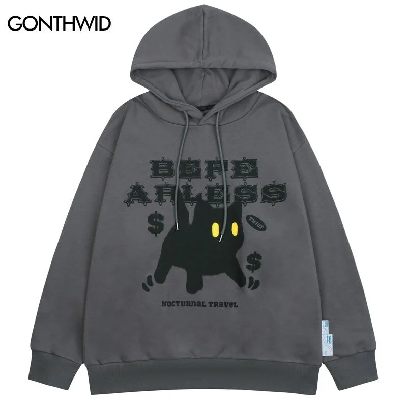 Hip Hop Men Hoodie Sweatshirt Harajuku Funny Black Cat Letter Print Hooded Streetwear 2023 Casual Loose Cotton Goth Tops