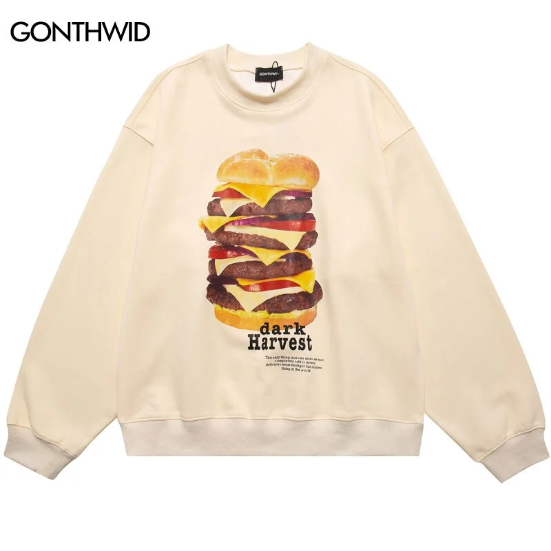 Hip Hop Men Thin Hoodie Sweatshirt Harajuku Hamburger Print Pullover 2023 Autumn Harajuku Casual Loose Crewneck Tops