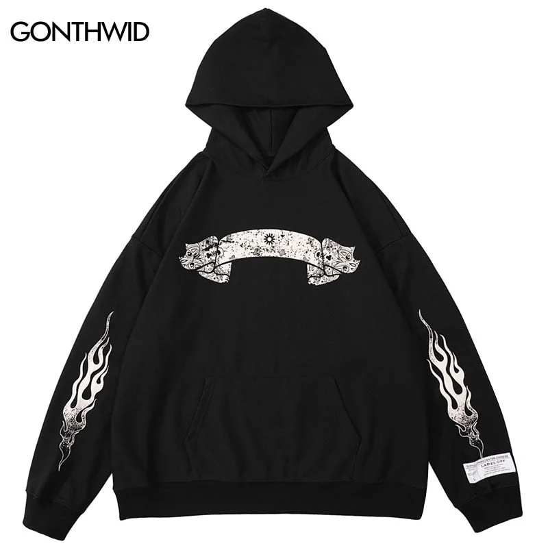 Hip Hop Mens Hoodie Sweatshirt Streetwear Flame Graphic Print Punk Gothic Hooded Harajuku Casual Loose Pullover Hoodies