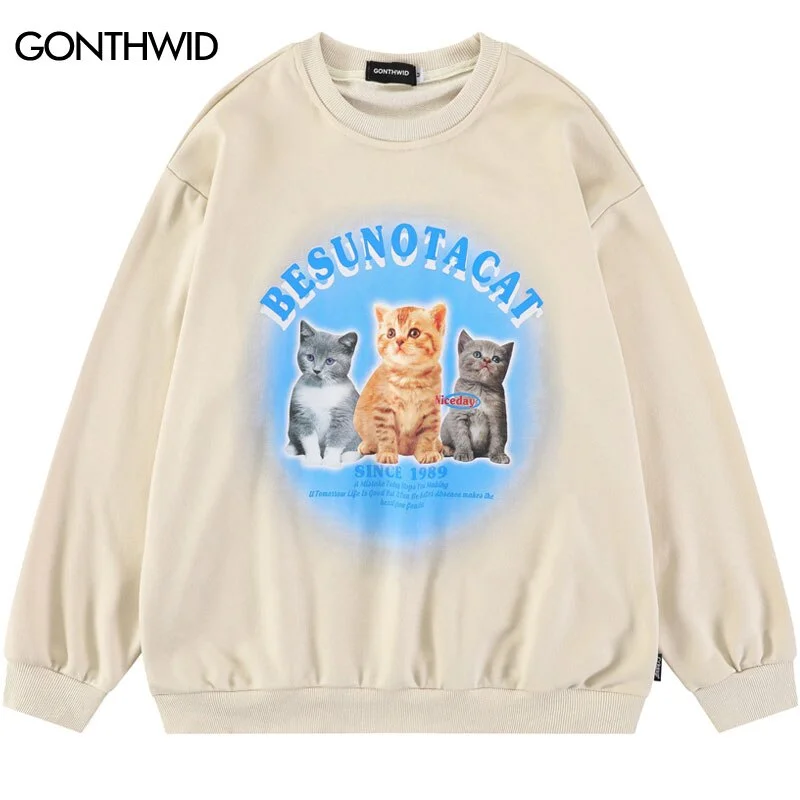 Hip Hop Sweatshirt Hoodie Cute Cats Graphic Print Pullover Hoodie Men Autumn Harajuku Casual Cotton Sweatshirts Couple