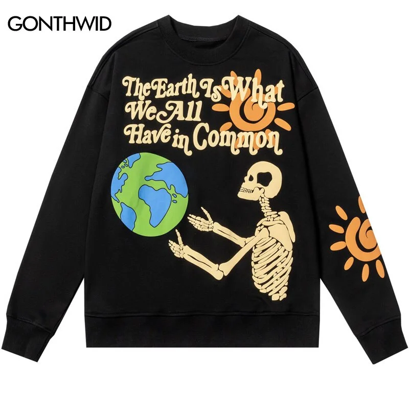 Hip Hop Sweatshirt Hoodie Skull Skeleton Letter Print Punk Gothic Hoodie Streetwear 2023 Harajuku Casual Cotton Loose Pullover