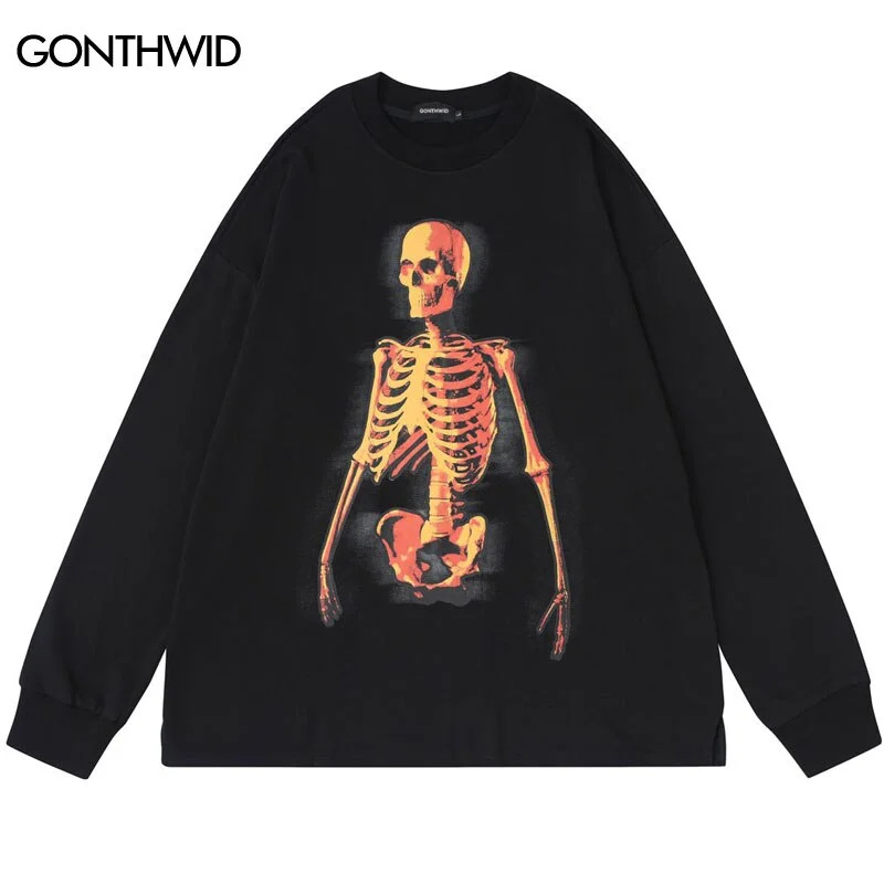 Hip Hop Sweatshirt Men Hoodie Streetwear Skull Skeleton Print Punk Gothic Pullover 2023 Harajuku Casual Cotton Loose Top