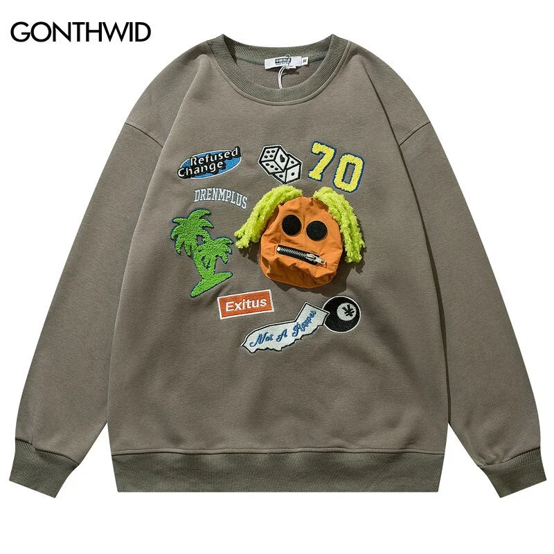 Hip Hop Sweatshirt Mens Hoodie Streetwear Funny Embroidery Zipper Pocket Pullover Autumn Harajuku Casual Loose Crewneck Tops