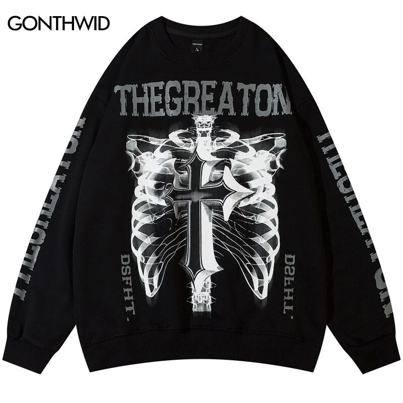 Hip Hop Sweatshirt Streetwear Grunge Skull Skeleton Print Punk Gothic Pullover 2023 Harajuku Casual Loose Hoodie Couple