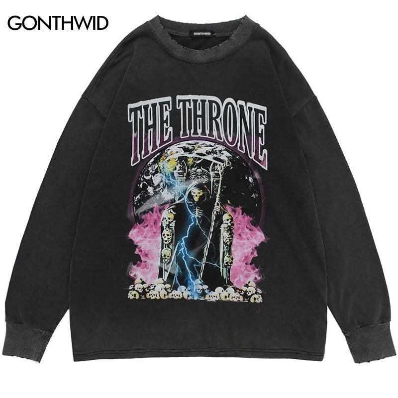 Hip Hop Sweatshirt Streetwear Retro Skeleton Skull Print Punk Gothic Pullover Hoodie 2023 Casual Cotton Loose Retro Sweatshirts