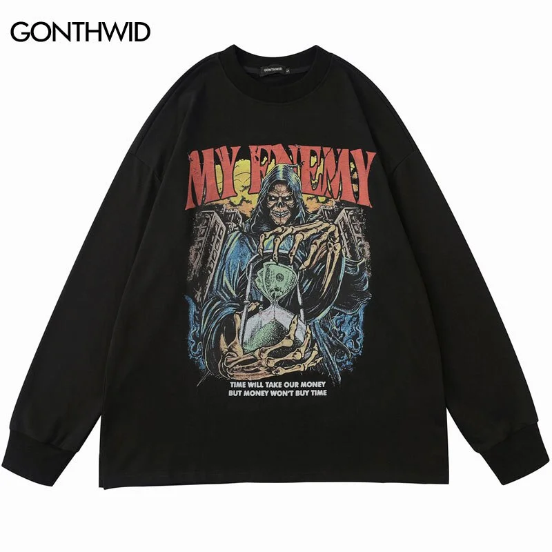 Hip Hop Sweatshirt Streetwear Skull Skeleton Print Pullover Hoodie 2023 Autumn Harajuku Casual Punk Gothic Cotton Loose Couple