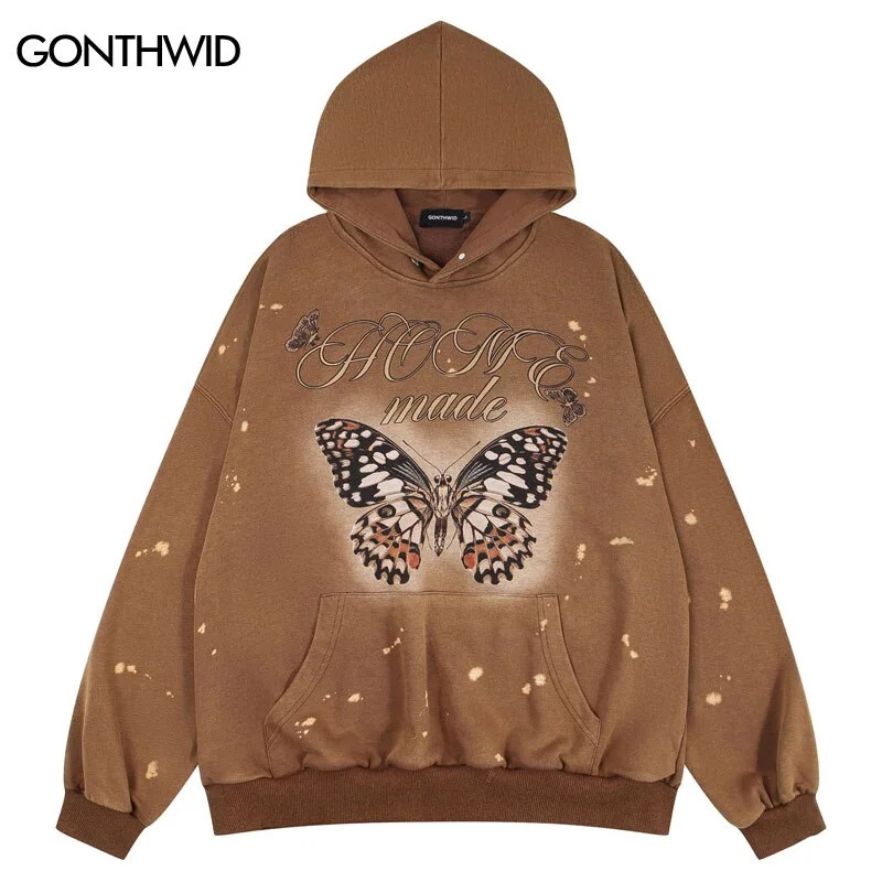 Hip Hop Vintage Hoodie Sweatshirt Retro Butterfly Print Oversized Hooded Sweatshirt 2023 Harajuku Casual Loose Hoodies