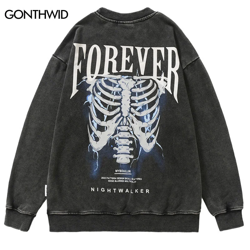 Hip Hop Vintage Hoodie Sweatshirt Skeleton Skull Print Crewneck Distressed Wash Hoodie 2023 Harajuku Casual Punk Goth Pullover