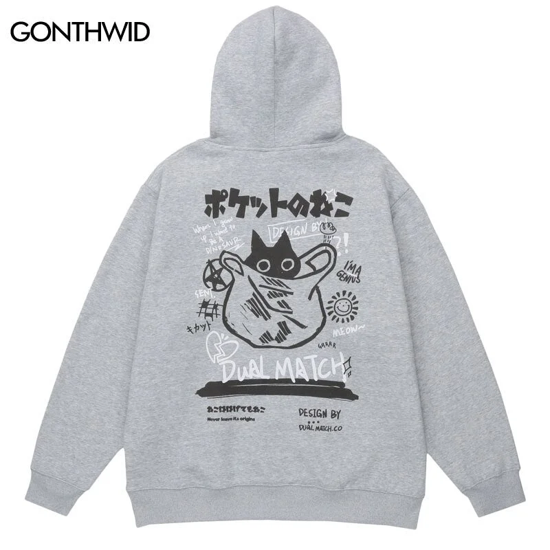 Japanese Style Hoodie Sweatshirt Harajuku Funny Cat Print Pullover Hooded Mens 2023 Autumn Casual Loose Hoodies Male