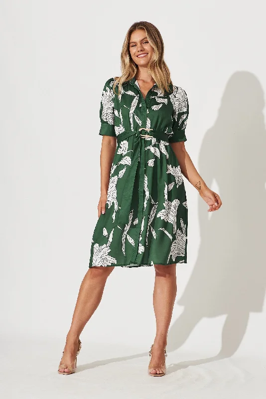 Kristel Shirt Dress In Green With White Leaf Print Satin