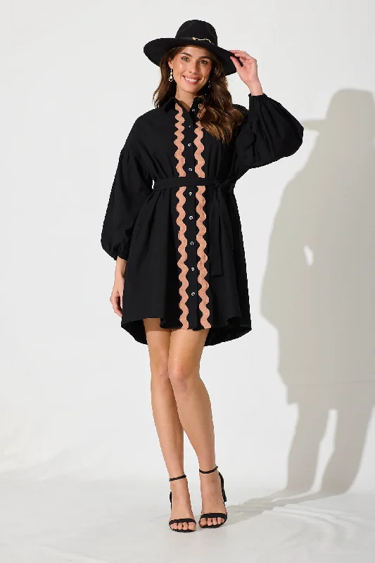 Lainey Shirt Dress In Black Cotton With Ric Rac Trim