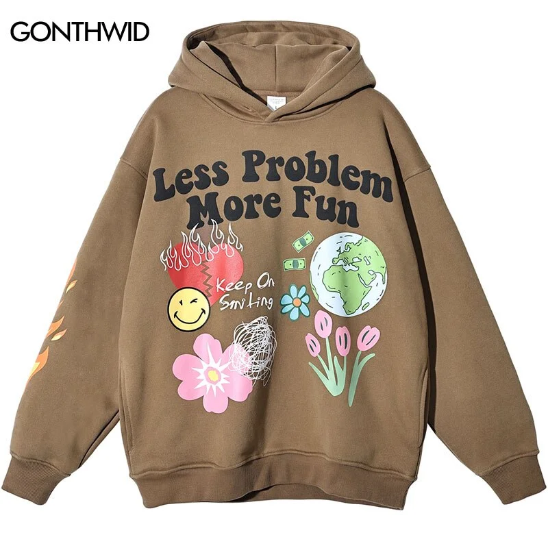 Men Hoodie Streetwear Harajuku Graffiti Flower Print Fleece Hooded Sweatshirt 2023 Hip Hop Casual Cotton Pullover Hoodie