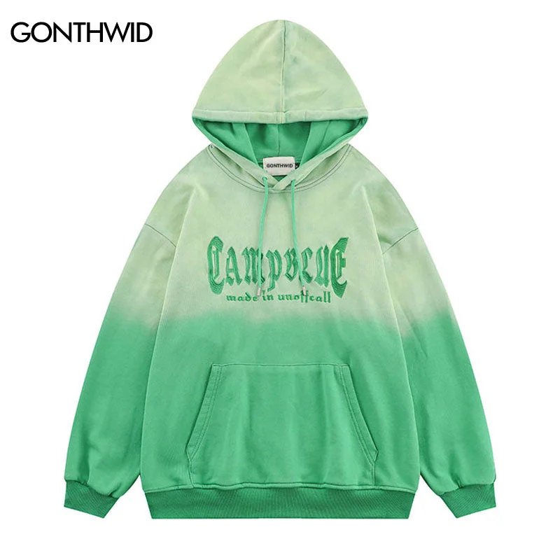 Men Hoodie Sweatshirt Hip Hop Embroidery Letter Tie Dye Gradient Pullover Hooded Streetwear 2023 Harajuku Casual Hoodie Green