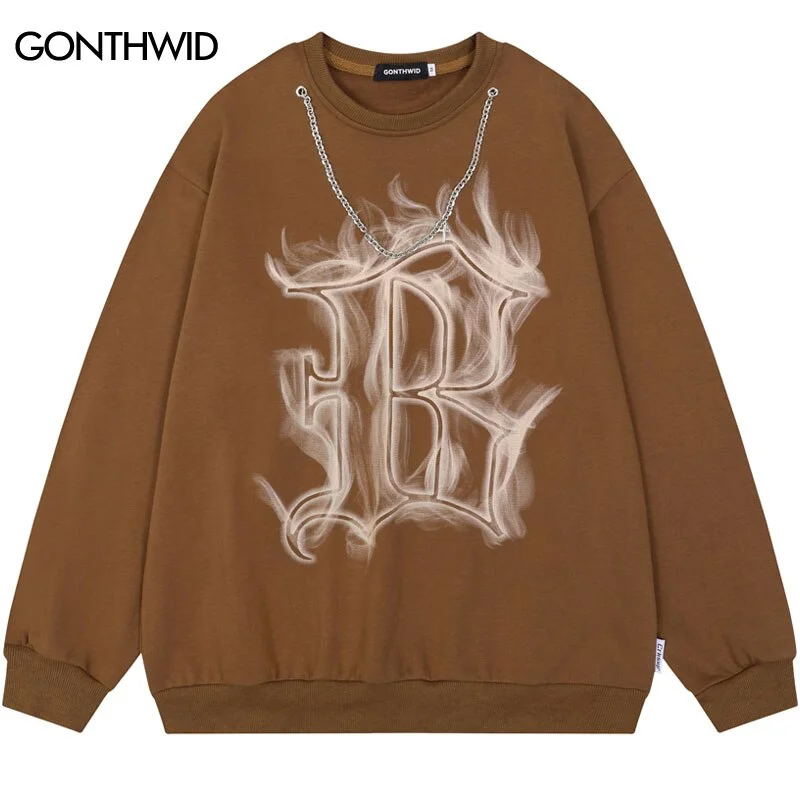 Men Hoodie Sweatshirt Streetwear Hip Hop Flame Letter B Print Crewneck Pullover 2023 Harajuku Casual Cotton Loose Sweatshirts