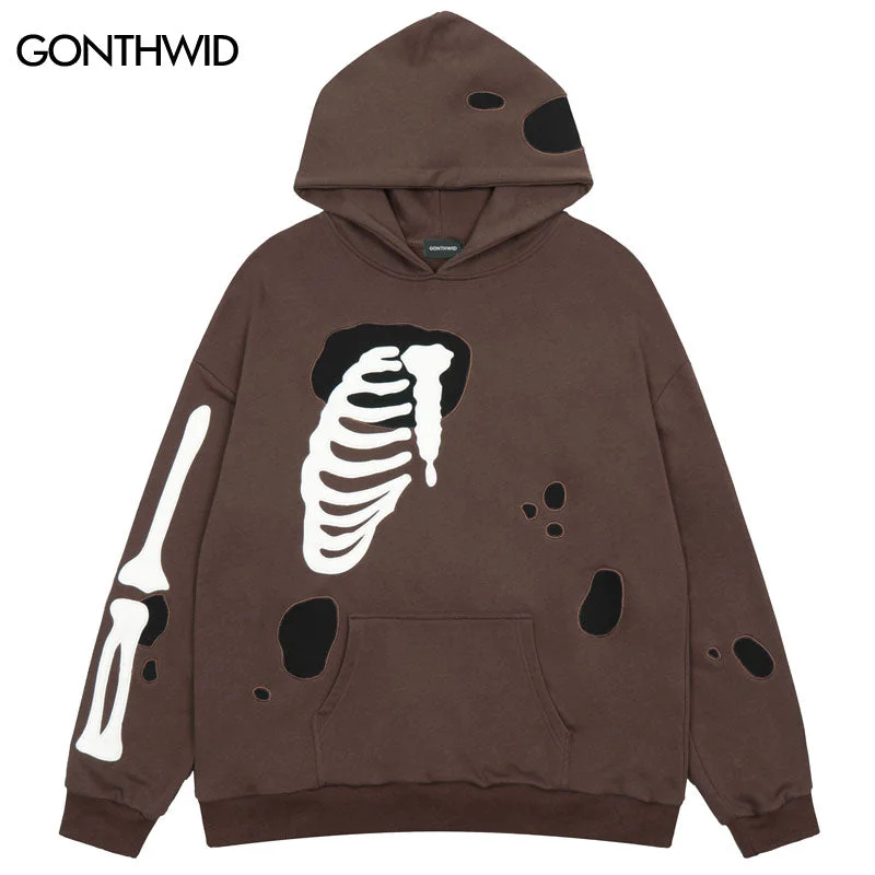 Men Hoodie Y2K Streetwear Hip Hop Embroidery Skull Skeleton Letter Hooded Sweatshirt Harajuku Casual Cotton Punk Gothic Pullover